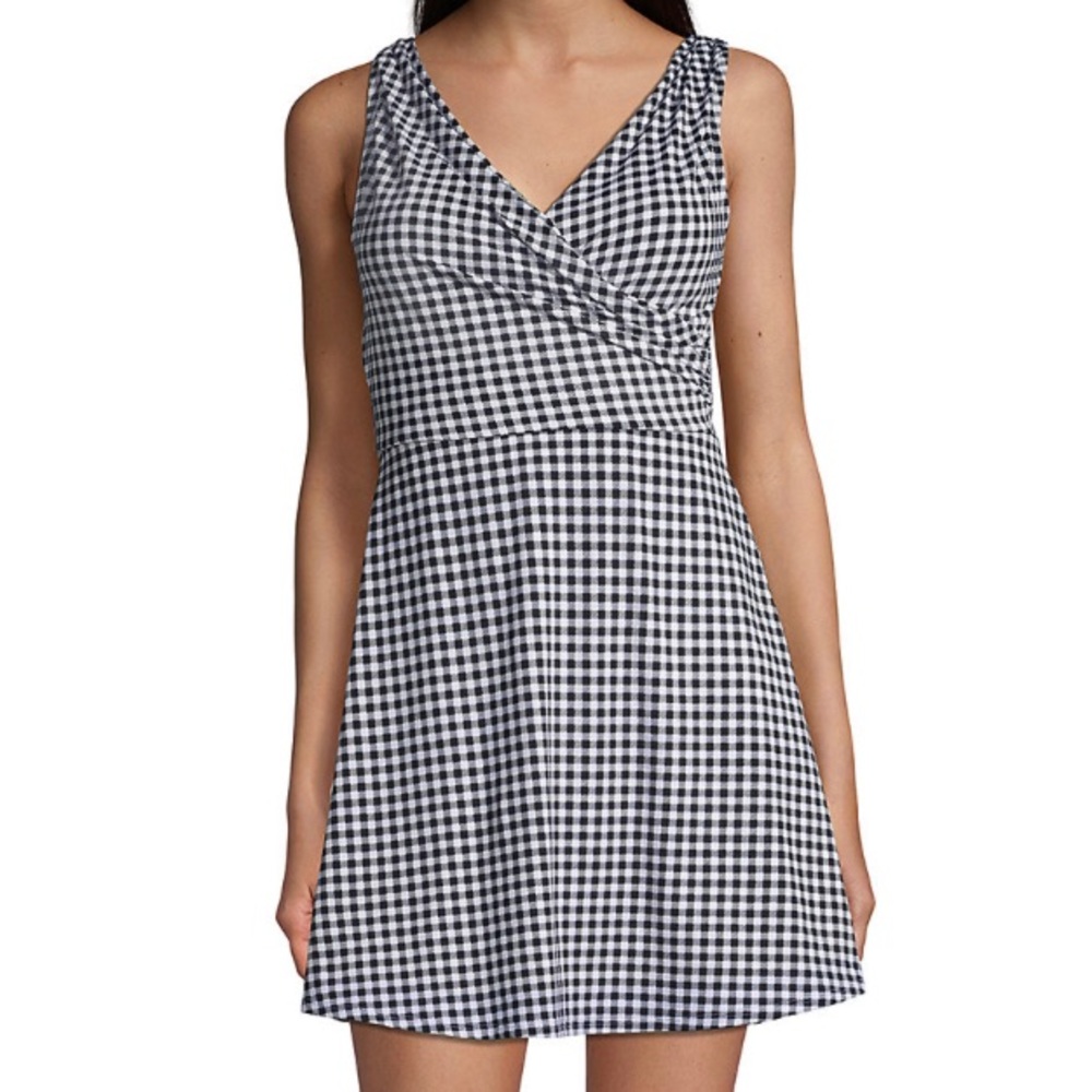 NWT Lands End Womens Black White Gingham Swim Dress Bathing Suit SIZE 22W